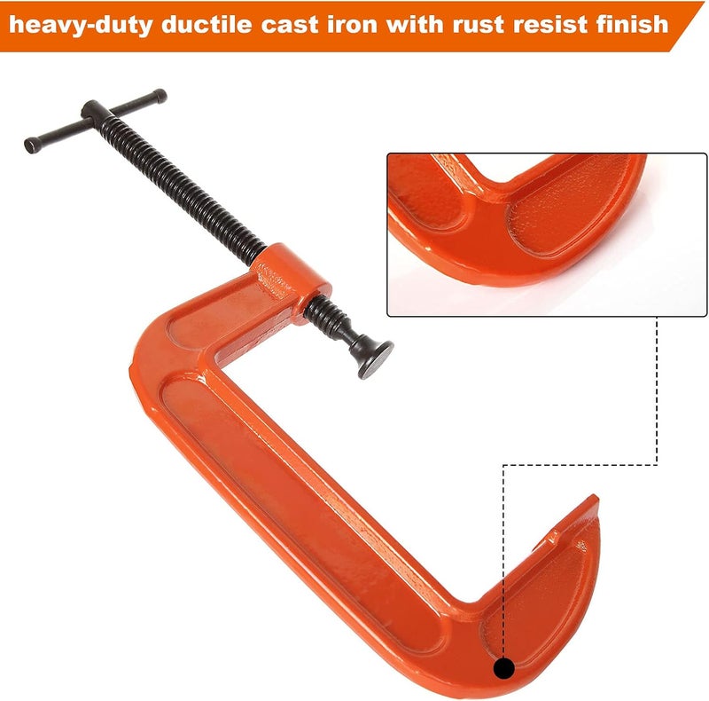 RHBLME 4 Pack Heavy Duty C Clamp, 5 Inch Malleable Iron C-Clamp G Clamp, Up To 5 Inch Jaw Opening, 3 Inch Throat Depth with T-Bar Handle for Woodworking, Welding, Building - Image 3